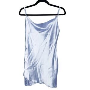 New Cloud Ten Small S Blue Alaleh Satin Cowl Neck Mini Slip Dress Wrap Detail